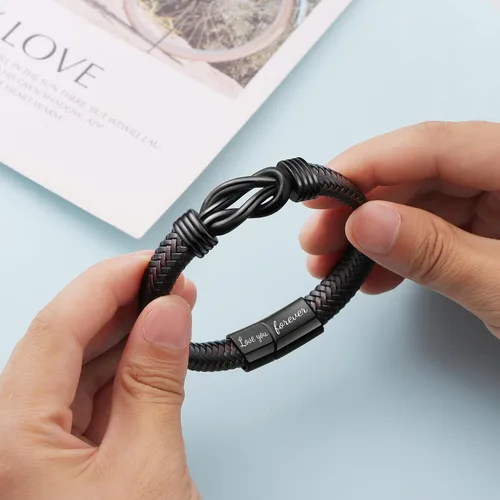 Vista 5 de Pulsera de nudo de hombre para regalo, cuero trenzado color marrón, del infinito, de acero inoxidable, con la frase Love You Forever, para hijos