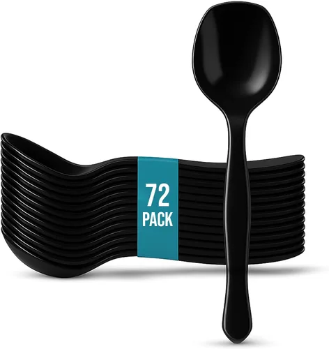 Vista 9 de Cucharas de plástico negro de 8.5 pulgadas para bufé, 36 unidades a granel, cuchara desechable resistente, utensilios de plástico grandes