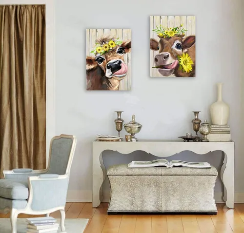 Vista 5 de Lienzo decorativo para pared, 2 piezas de vaca campestre con flores, girasol, lienzo, cuadros, rústico, lindo y humorístico, estampado de vaca