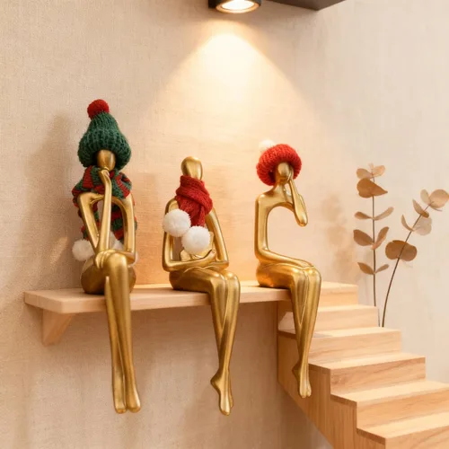 Vista 5 de Estatua abstracta dorada de pensador de 3 piezas, escultura de resina hecha a mano, escritorio de oficina moderno, decoración del hogar