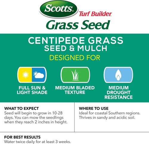 Vista 2 de Scotts Turf Builder Semilla de césped Centipede & Mantillo, Cultiva un césped espeso y de bajo mantenimiento, 5 libras. Crece un césped grueso