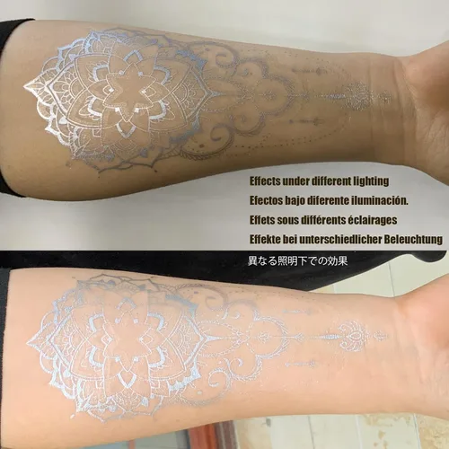 Vista 6 de Roarhowl Tatuajes temporales con destellos metálicos, oro, plata, adecuados para todos los tonos de piel (plateado 3)