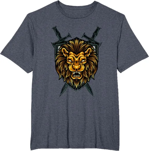 Vista 97 de Camiseta con diseño de caballero medieval renacentista, con diseño de espada de león, Negro, S