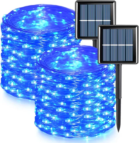 Vista 14 de QITONG Luces solares de Navidad multicolor para exteriores, paquete de 2 unidades de 200 luces LED solares de 66 pies cada uno, alambre plateado