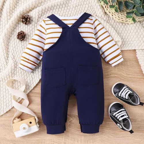 Vista 3 de Conjunto de ropa de bebé para recién nacido, para otoño e invierno, a rayas, mameluco de dibujos animados, conjunto de pantalones con tirantes