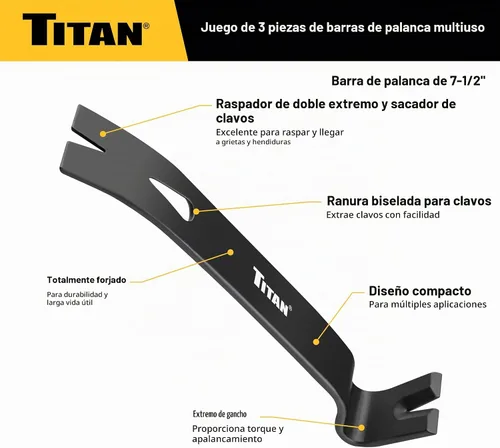Vista 3 de Titan 17121 Juego de 3 barras de palanca planas de 5.5 pulgadas, 7.5 pulgadas y 9.5 pulgadas con extractor de clavos, barra de acero forjado