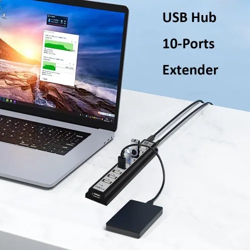 Vista 7 de Hub USB de 10 puertos, extensor de concentrador USB adaptador divisor de red con alimentación, para MacBook, PC, laptop, ratones, teclados