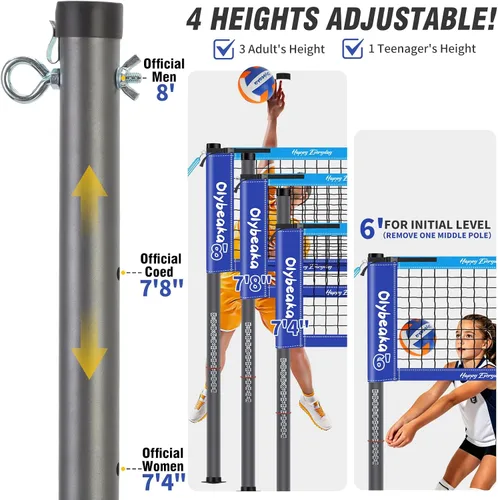 Vista 3 de 32FT Outdoor Volleyball Net Set, Regulation Size Portable Volleyball System with 1.25" Adjustable Steel Poles, 28-Ply Anti-Sag PE Net, Ball, Pump