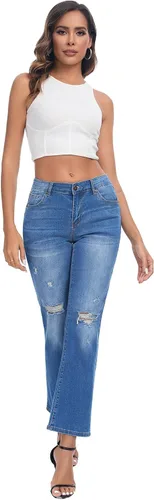 Vista 6 de Jeans para mujer, rasgados de cintura media, jeans estilo boyfriend, pierna recta, elásticos, desgastados, jeans para mamá con agujero