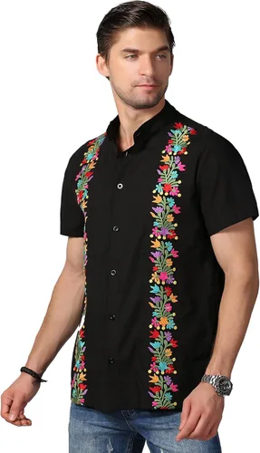 Vista 4 de Camisas mexicanas para hombre, camisas de vestir tradicionales de guayabera para hombre, con botones, cuello de banda, camisa de vestir para fiesta