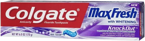 Vista 3 de Colgate Max Fresh Pasta de dientes KnockOut con tecnología de neutralización de olores, peso neto de 6 onzas (6.00 oz) por tubo, paquete de 4 tubos