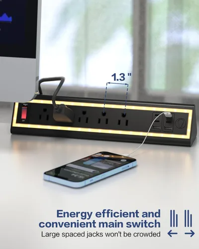 Vista 6 de Regleta de alimentación con abrazadera de escritorio con luz nocturna, carga rápida de 40 W, cable de extensión de 6 pies, USB-C de 4 x 20 W y 2