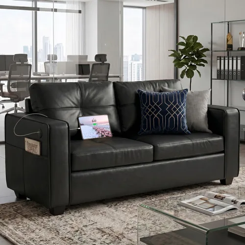 Vista 18 de TYBOATLE Sofá de dos plazas de piel sintética de 65 pulgadas para dormitorio, moderno y cómodo sofá de mediados de siglo con puertos de carga USB