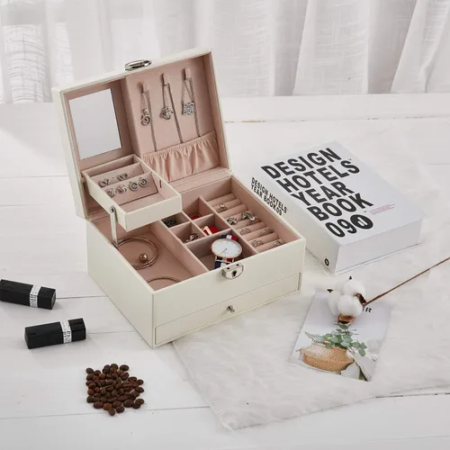 Vista 2 de goldwheat Joyero organizador de cuero de dos capas con espejo de cerradura para mujeres y niñas, estuche de viaje, almacenamiento de exhibición