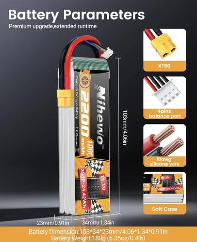 Vista 3 de 3S Lipo Battery 2200mAh 11.1V RC Lipo Batería 100C con enchufe XT60 Funda suave para RC Drone FPV Aviones Multi-Motor Quadcopters Autos, Camiones