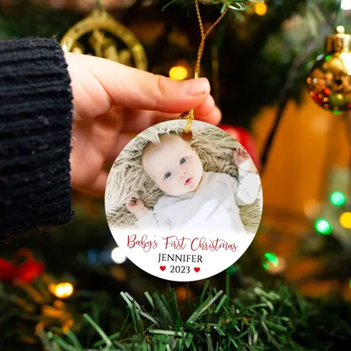 Vista 5 de Adorno de Navidad personalizado con foto del primer año del bebé 2025, adorno de Navidad con foto personalizada del primer año del bebé para nuevos