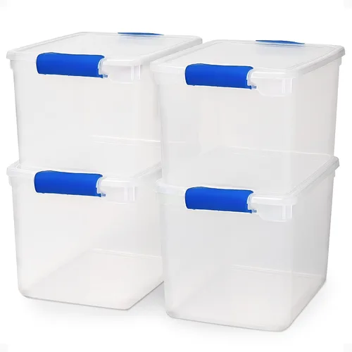 Vista 10 de HOMZ Paquete de 5 cubos organizadores de almacenamiento de plástico transparente, 7.5 cuartos de galón, pestillo azul, contenedores organizadores