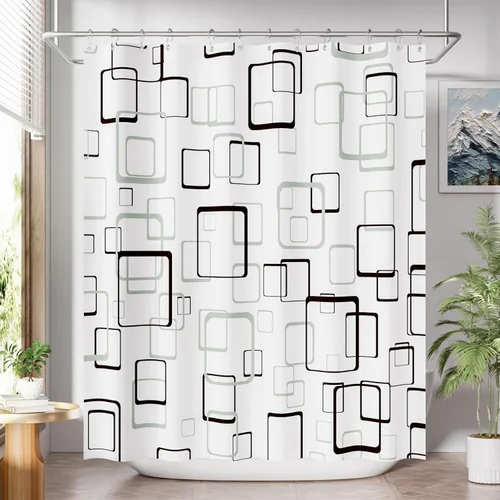 Vista 22 de AmazerBath Cortina de ducha, juego de cortina de tela ombre negra con 12 ganchos, cortina de ducha lavable de tela en negro y blanco, cortina