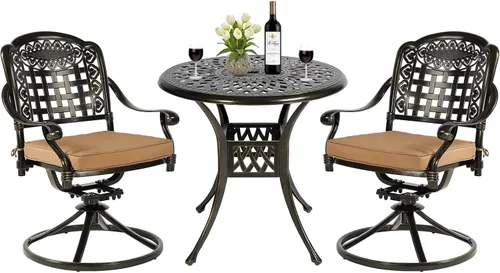Vista 16 de Juego de comedor de patio al aire libre de 3 piezas, juego de conversación de aluminio fundido para todo tipo de clima con 2 cojines giratorios