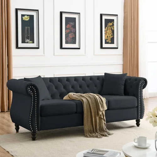 Vista 5 de 80" Black Velvet Chesterfield Sofa for Living Room,2 Pcs 3 Seater Sofa Button Tufted Nailhead Trimming Rolled Arms with Wood Frame with 4 Pillows