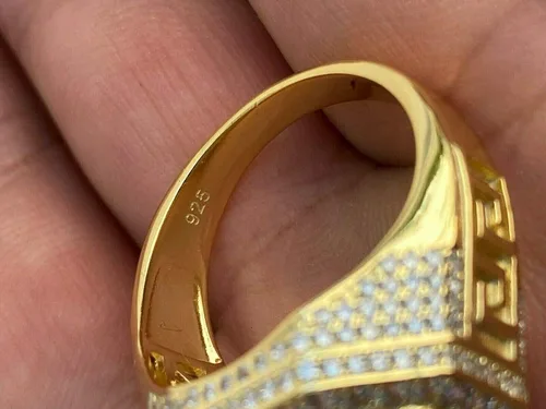 Vista 9 de Men's Real Solid 925 Sterling Silver Octagonal Hip Hop Ring - 14k Gold Plated - Super Iced Large Flooded Out Pinky Ring - Sz 7-13