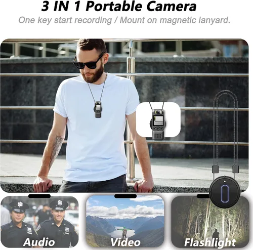 Vista 5 de Cámara corporal 4K con grabación de audio y video, mini cámara portátil de 64 GB con cordón magnético, cámara desgastada por el cuerpo para viajes