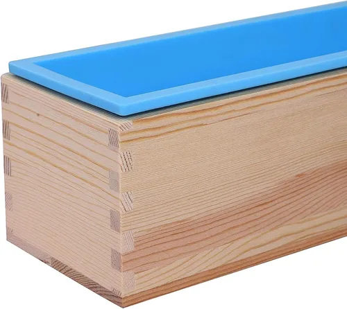 Vista 3 de KEILEOHO Paquete de 2 moldes de silicona para jabón, molde de pan de jabón de 42 onzas con caja y cubierta de madera, moldes de jabón rectangulares