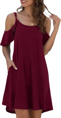 Vista 2 de Jouica Vestido de verano casual con tirantes delgados para mujer, hombros descubiertos, mangas con volantes y bolsillo