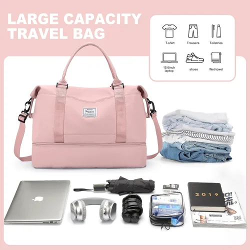 Vista 4 de Bolsas de fin de semana para mujer, bolsas de viaje con compartimento para zapatos, Rosado, Bolsa de viaje+neceser