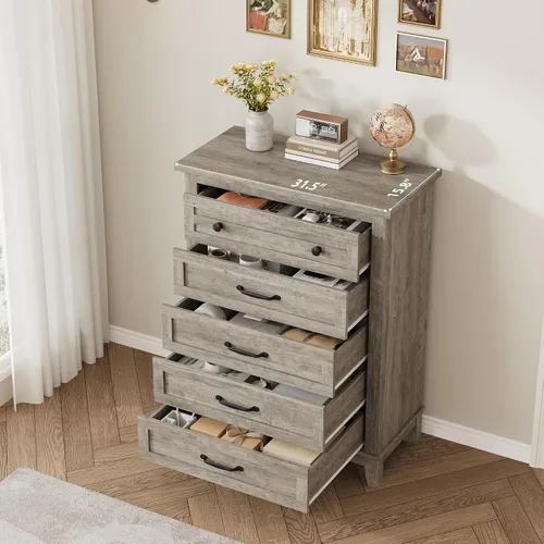 Vista 5 de GarveeHome Cómoda de 5 cajones verticales de 41.3 pulgadas de alto con gran almacenamiento, cómoda de madera independiente para dormitorio, sala