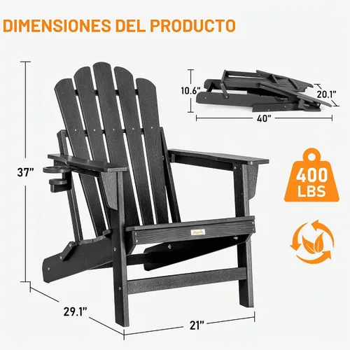Vista 3 de Silla Adirondack plegable de gran tamaño, silla para hogueras de HDPE Negro