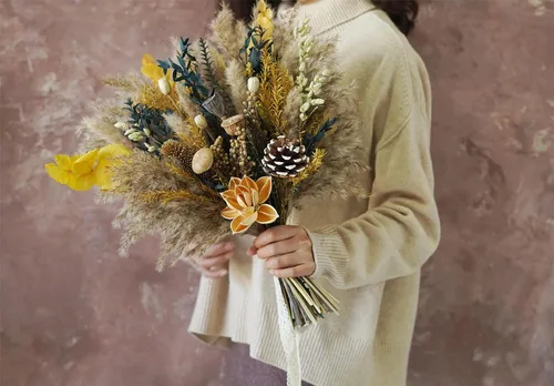 Vista 4 de Yellow SeriesRose - Ramo de boda bohemio, ramo de hierba de las pampas, ramo de flores secas de 12 pulgadas (Y01)