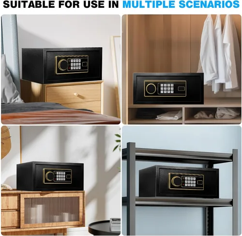 Vista 9 de Caja de seguridad para el hogar, caja de seguridad de acero para oficina y hogar, teclado electrónico digital, sistema de alarma y estante