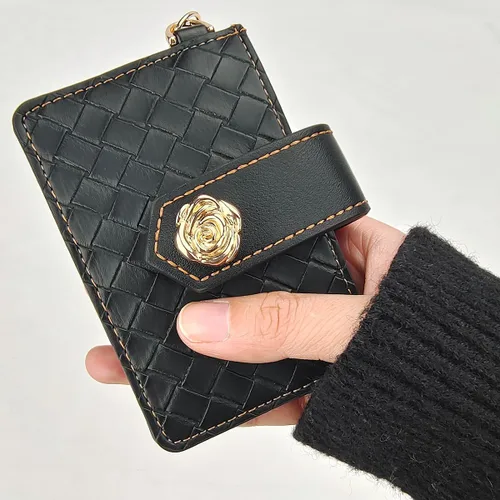 Vista 2 de Cartera con llavero de pulsera, cartera de cuero con correa de pulsera, bolsillo delgado RFID para tarjetas de crédito con cordón, Negro -, Plegable