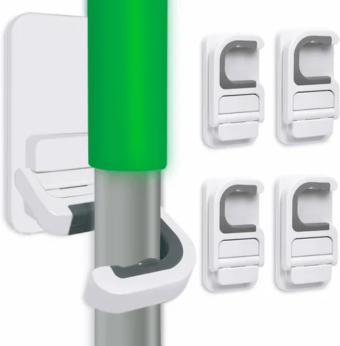 Vista 9 de Paquete de 3 soportes para escobas y trapeadores, soporte de pared, sin taladro, agarrador de escoba, mango de trapeador, organizador de limpieza