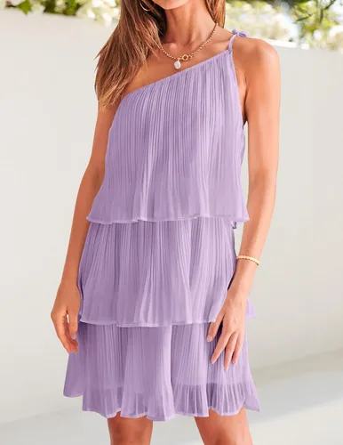 Vista 2 de ZESICA Vestido corto bohemio de verano para mujer, con un hombro, sin mangas, con volantes, escalonado, de gasa, plisado, acampanado, para mujer