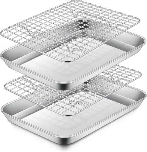 Vista 13 de P&P CHEF, bandeja para horno tostador de 9 pulgadas con juego de rejilla, bandeja de hornear de acero inoxidable y rejilla de enfriamiento
