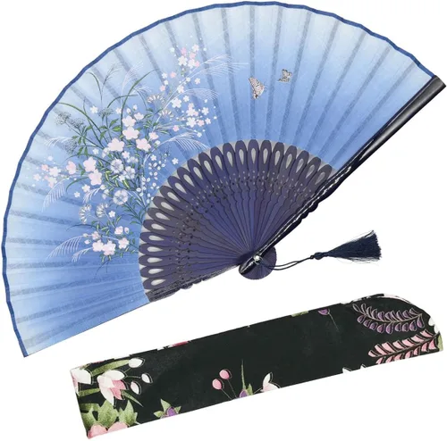Vista 12 de OMyTea, abanico desplegable con motivo de flores de yuyos (8.27 pulgadas - 21 centímetros) con funda de tela para protección, estilo chino/japonés