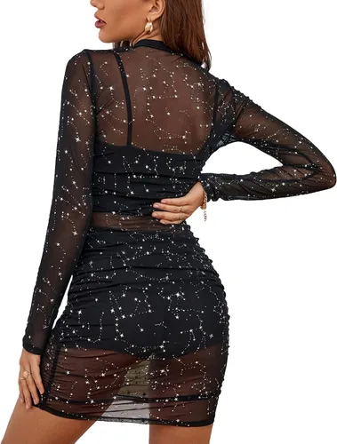 Vista 2 de LYANER Vestido de malla para mujer, manga larga, ajustado, 3 piezas, con pantalones cortos