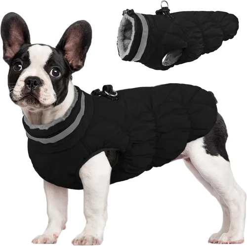 Vista 59 de Abrigo para perro, chaqueta cálida de invierno, acolchada, de vellón, chaleco reflectante con arnés, chaqueta de nieve impermeable con cremallera, a