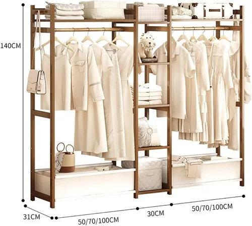 Vista 2 de Perchero de bambú con 5 estantes de almacenamiento para vestidos, zapatos y sombreros, carga máxima de 220.5 lbs, ideal para dormitorio