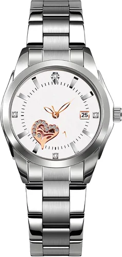 Vista 14 de Relojes para mujeres, cuarzo analógico, plateados, de acero inoxidable, luminosos, impermeables, reloj de vestir para damas negro (021 Black)