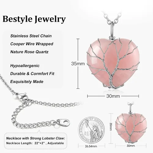 Vista 6 de Bestyle Collar de cristal curativo envuelto en árbol de la vida, colgante de piedra natal de 12 meses para parrillas de mujer, joyería de piedras