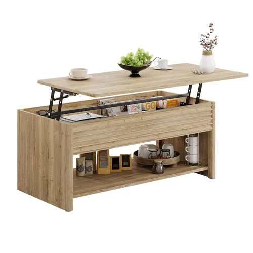 Vista 11 de Mesa de centro con parte superior acanalada para sala de estar, mesa de centro pequeña con almacenamiento de elevación hidráulica, gran capacidad
