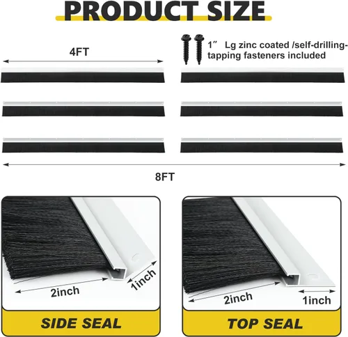 Vista 2 de DoubleFill Kit de sello de cepillo para puerta de garaje de 8 x 8 pies, sello de puerta enrollable de 2 pulgadas con riel de aluminio, cepillo
