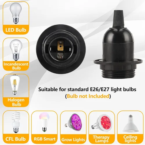 Vista 4 de Cable de luz colgante – Bombilla colgante de 10 pies con cable de enchufe – Paquete de 2 cables de lámpara E26 con cable de extensión negro, cable
