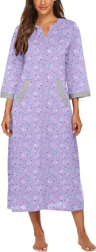 Vista 2 de Ekouaer - Bata de descanso con cremallera para mujer, bata de baño larga con manga 34, longitud completa y con bolsillos