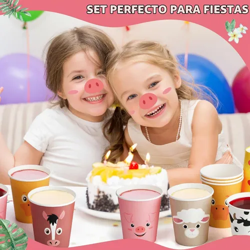 Vista 6 de Maxcheck 120 tazas de decoración de cumpleaños de animales de granja, vasos de papel desechables de 9 onzas, lindo bebida, cerdo, oveja, pollo