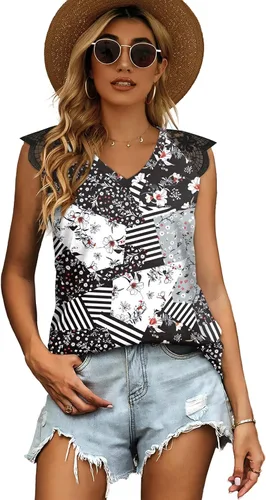 Vista 2 de Camisetas sin mangas para mujer, ajuste holgado, con encaje y cuello en V, para verano