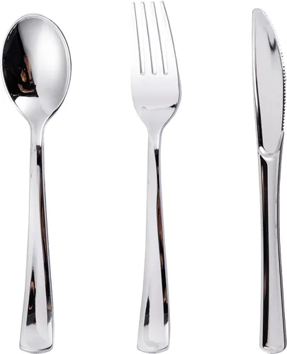 Vista 8 de N9R 120 Piezas Cubiertos de Plástico Plateado, Juego de Cubiertos de Plástico Plateado Cubiertos Desechables Vajilla - 60 Tenedores, 30 Cucharas, 30